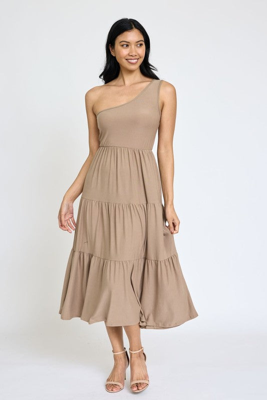 One Shoulder Ruffle Midi Dress- 4 Colors