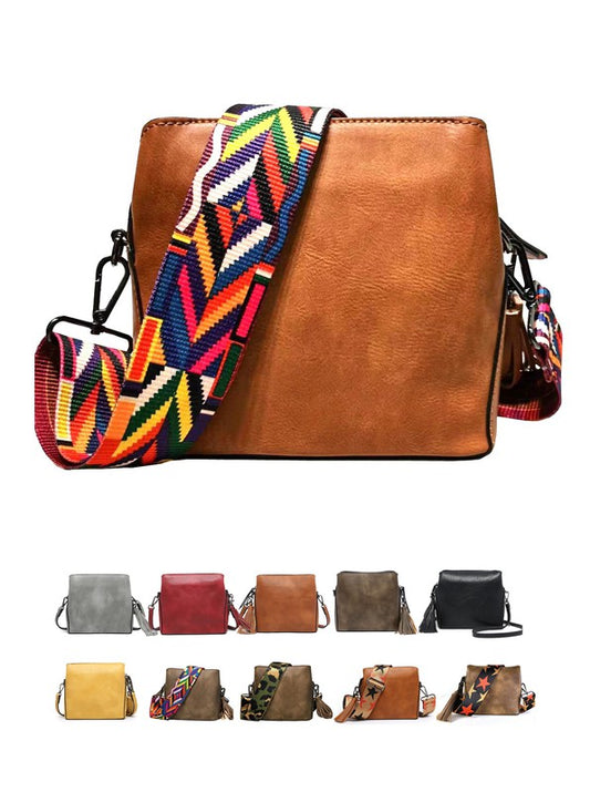 Vegan Leather Small Crossbody Bag W/ Guitar Strap Triple Pockets-12 Colors
