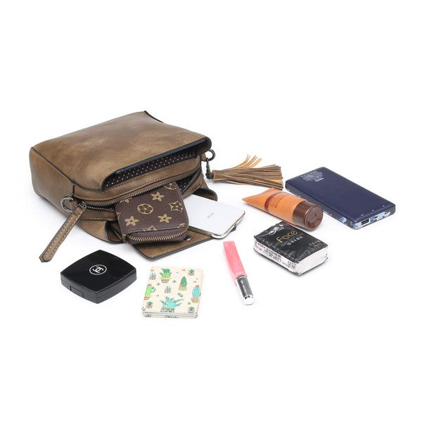 Vegan Leather Small Crossbody Bag W/ Guitar Strap Triple Pockets-12 Colors