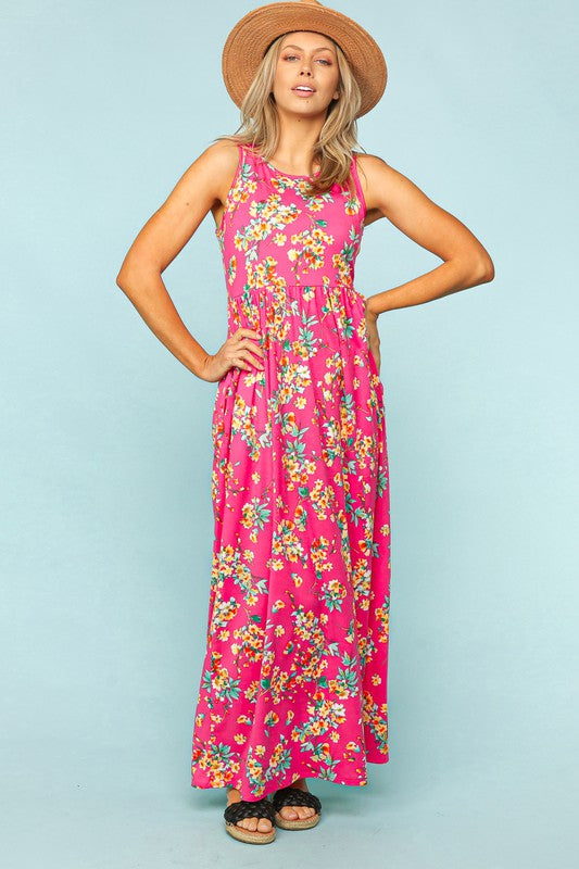 FLORAL FIT AND FLARE MAXI DRESS WITH SIDE POCKETS
