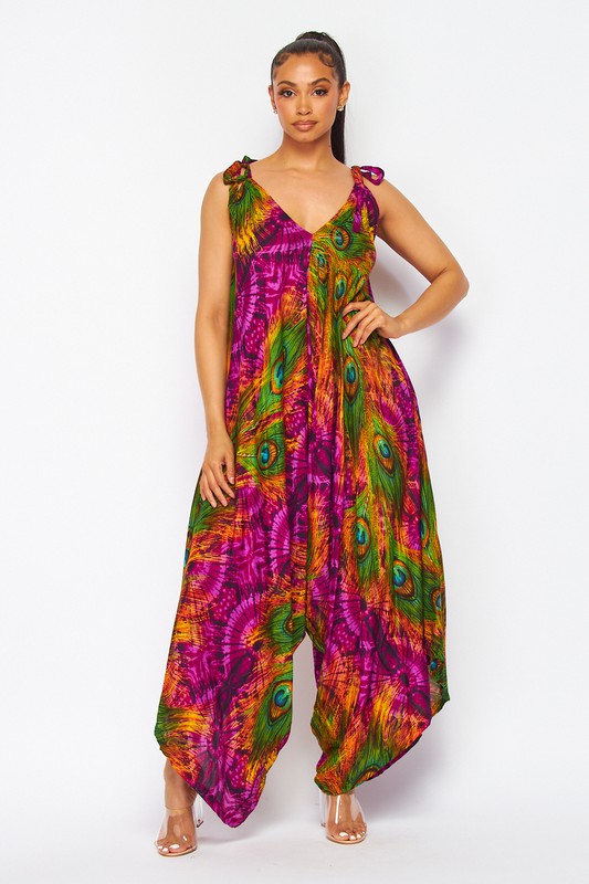 Peacock Print Harem Jumpsuit (3 Colors)