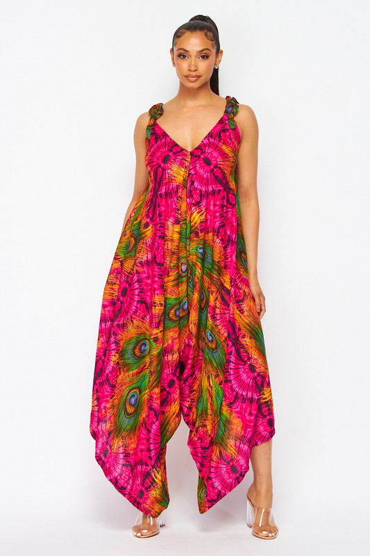 Peacock Print Harem Jumpsuit (3 Colors)