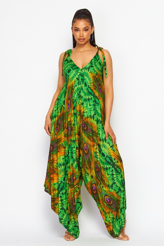 Peacock Print Harem Jumpsuit (3 Colors)