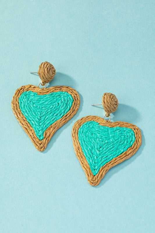 Raffia Straw Two Tone Heart Drop Earrings-5 Colors
