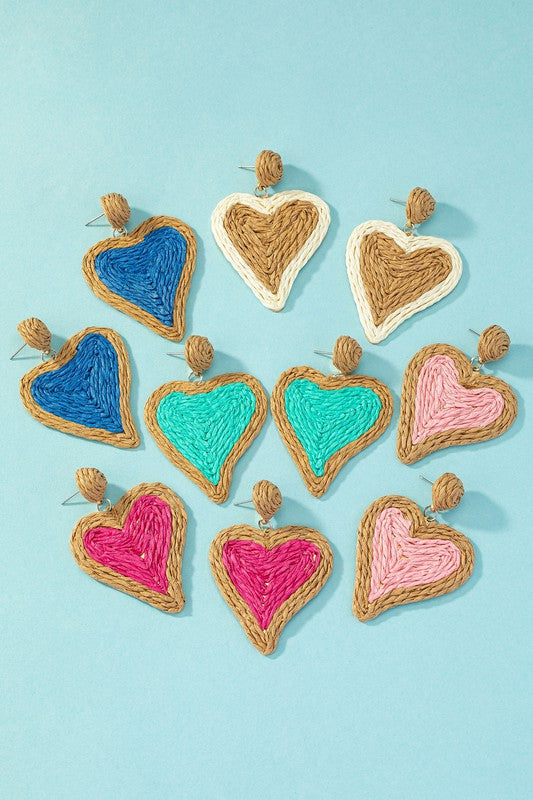 Raffia Straw Two Tone Heart Drop Earrings-5 Colors