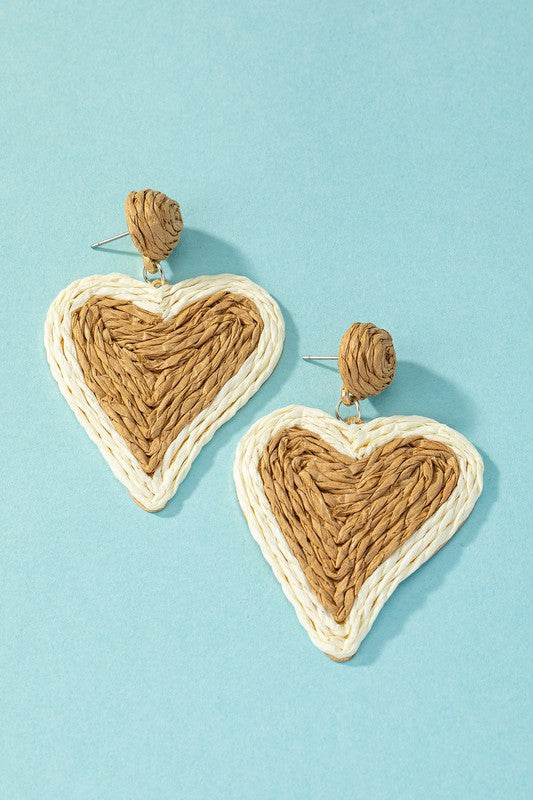 Raffia Straw Two Tone Heart Drop Earrings-5 Colors
