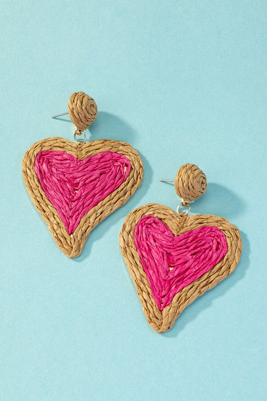 Raffia Straw Two Tone Heart Drop Earrings-5 Colors
