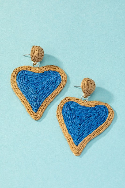 Raffia Straw Two Tone Heart Drop Earrings-5 Colors