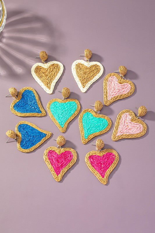 Raffia Straw Two Tone Heart Drop Earrings-5 Colors