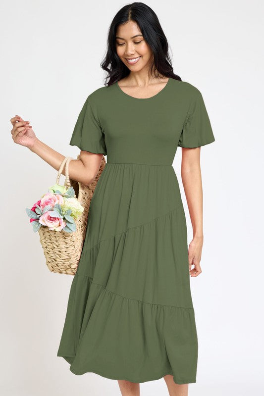 Solid Diagonal Tiered Flowy Dress-7 Colors