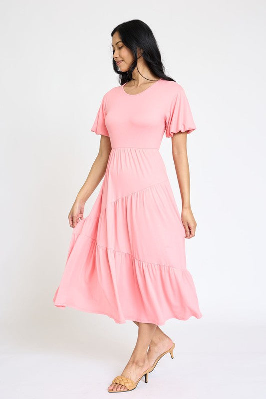 Solid Diagonal Tiered Flowy Dress-7 Colors