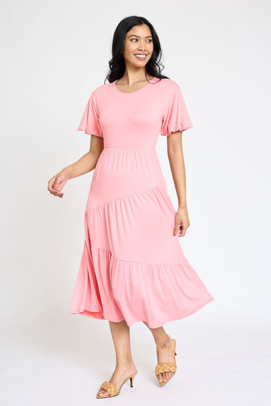 Solid Diagonal Tiered Flowy Dress-7 Colors