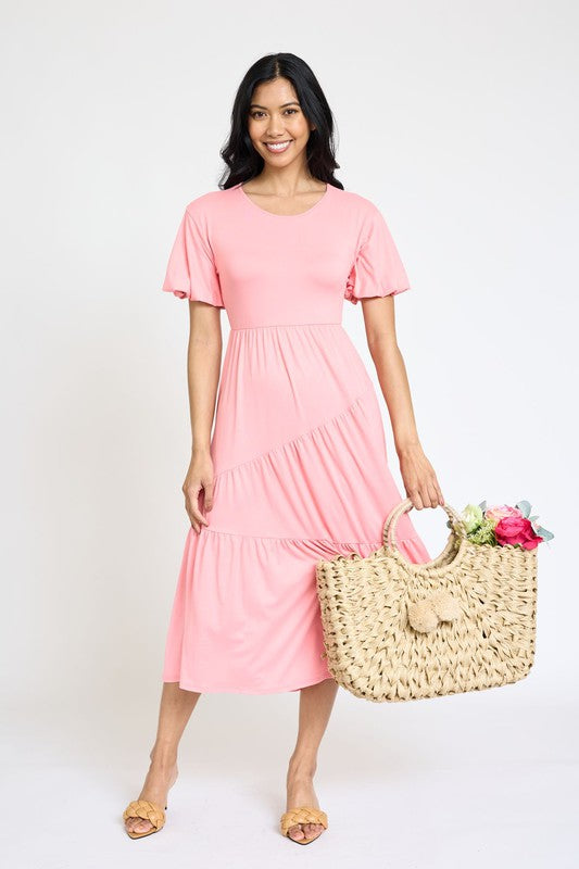 Solid Diagonal Tiered Flowy Dress-7 Colors