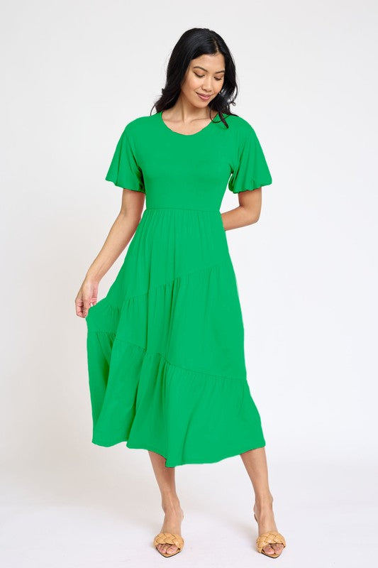 Solid Diagonal Tiered Flowy Dress-7 Colors