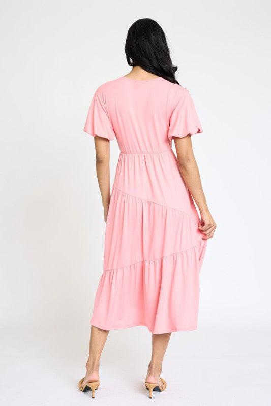 Solid Diagonal Tiered Flowy Dress-7 Colors