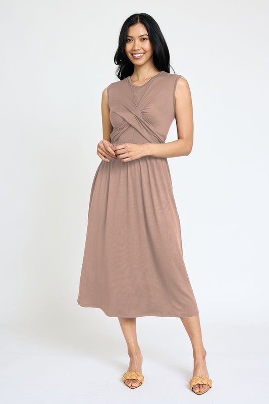 Sleeveless Cross-Over Bodice Midi Dress- 6 Colors