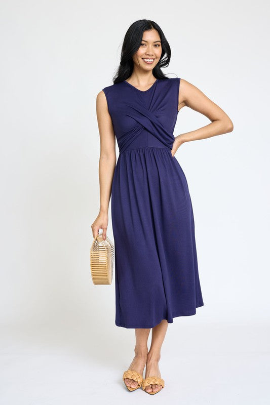 Sleeveless Cross-Over Bodice Midi Dress- 6 Colors