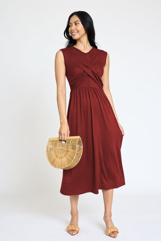Sleeveless Cross-Over Bodice Midi Dress- 6 Colors