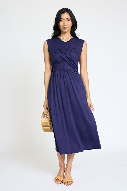 Sleeveless Cross-Over Bodice Midi Dress- 6 Colors