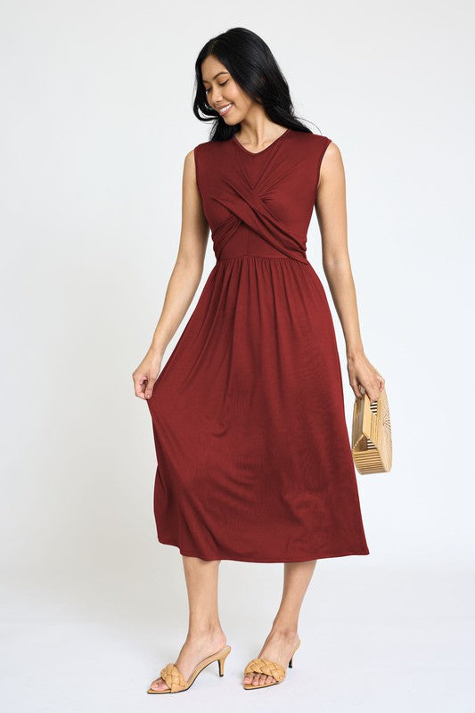 Sleeveless Cross-Over Bodice Midi Dress-6 Colors