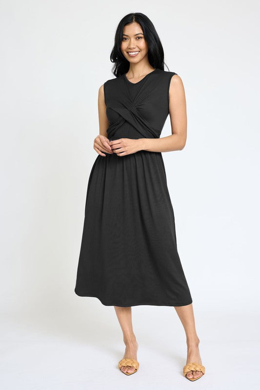 Sleeveless Cross-Over Bodice Midi Dress-6 Colors