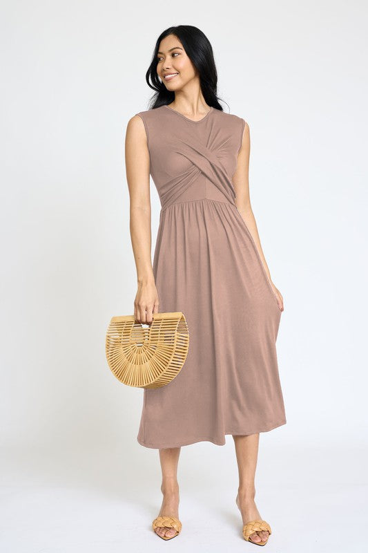 Sleeveless Cross-Over Bodice Midi Dress- 6 Colors
