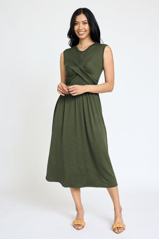 Sleeveless Cross-Over Bodice Midi Dress-6 Colors