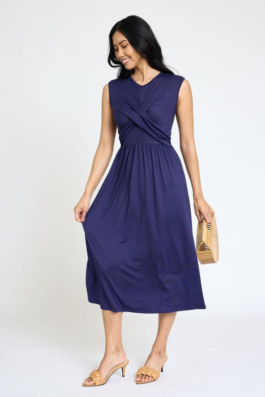 Sleeveless Cross-Over Bodice Midi Dress-6 Colors