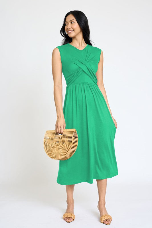Sleeveless Cross-Over Bodice Midi Dress-6 Colors