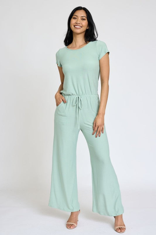 Spring Short Sleeve Jumpsuit W/Pocket-2 Colors