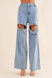 Washed Denim Cut Front Rhinestone Jeans