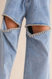 Washed Denim Cut Front Rhinestone Jeans