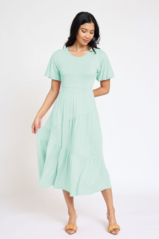Solid Diagonal Tiered Flowy Dress-7 Colors