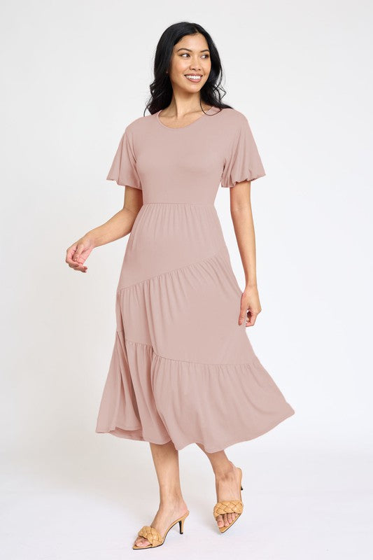 Solid Diagonal Tiered Flowy Dress-7 Colors
