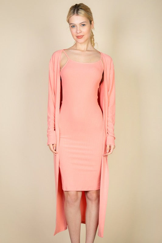 Ribbed Cardigan & Cami Midi Bodycon Dress- 14 Colors