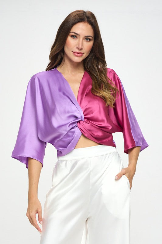Renee C Satin Vibrant Short Sleeve Top with Front Twist