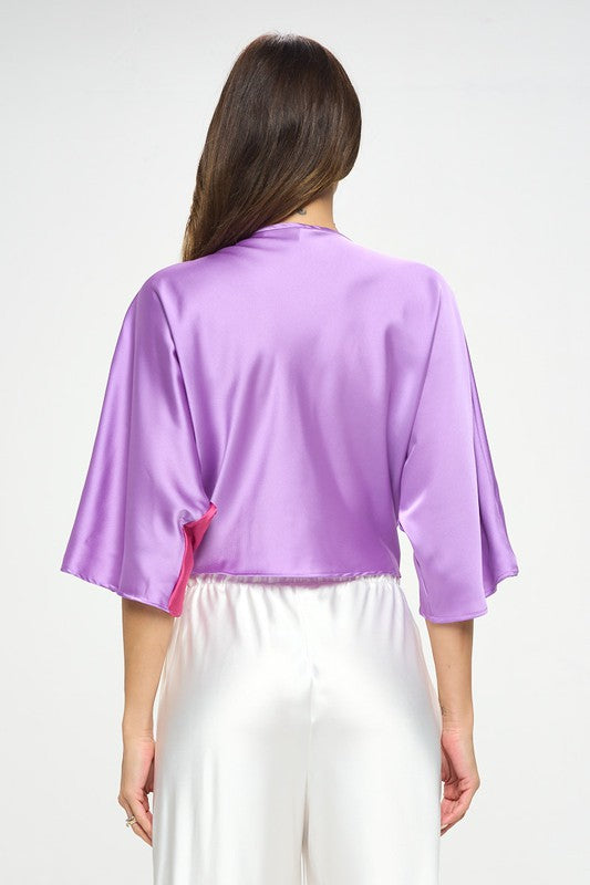Renee C Satin Vibrant Short Sleeve Top with Front Twist