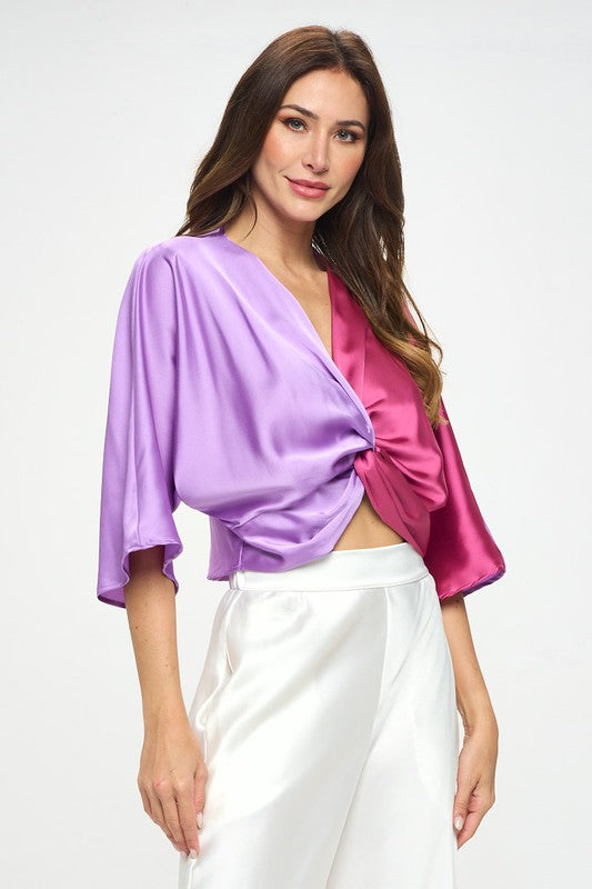 Renee C Satin Vibrant Short Sleeve Top with Front Twist
