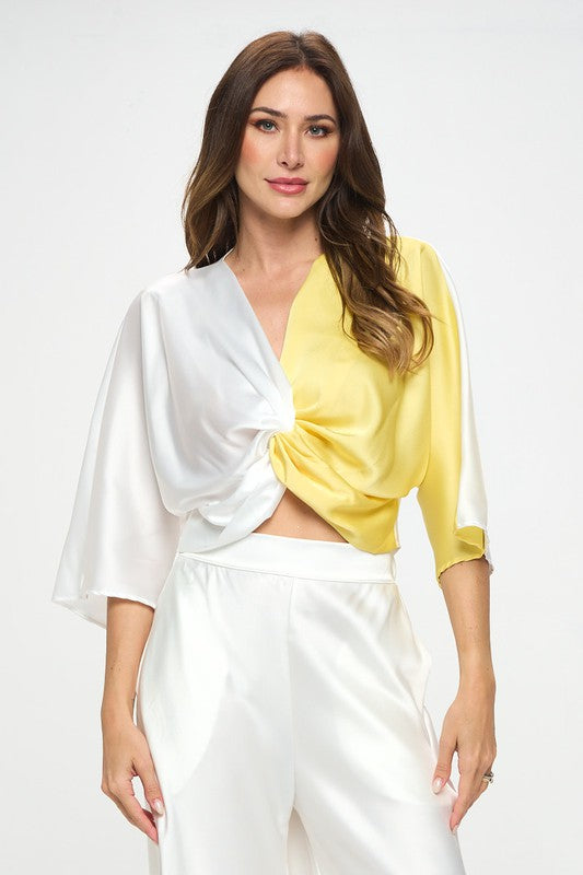 Renee C Satin Vibrant Short Sleeve Top with Front Twist