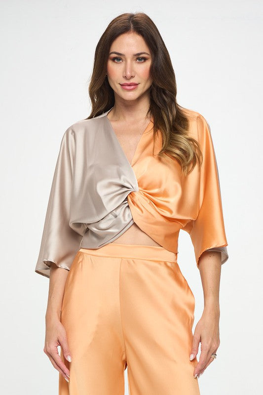 Renee C Satin Vibrant Short Sleeve Top with Front Twist