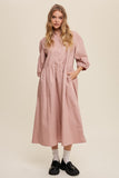 Button Front Puff Sleeve Babydoll Maxi Dress- 3 Colors