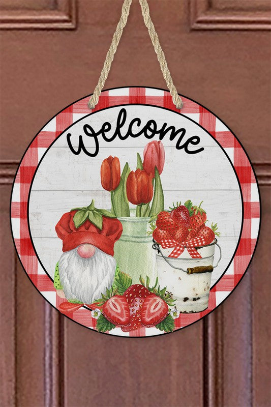 Welcome Strawberry Gnome Wall Sign Door Hanger