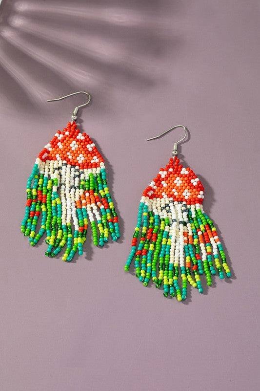 Boho Handwoven Seed Bead Mushroom Earrings
