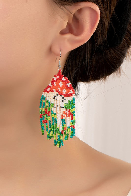 Boho Handwoven Seed Bead Mushroom Earrings