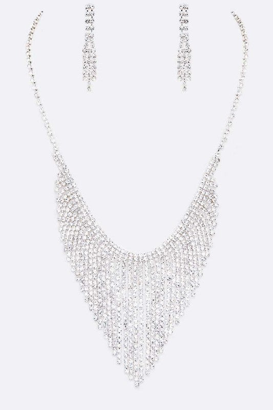 3 PC Long Fringe Rhinestone Necklace Set