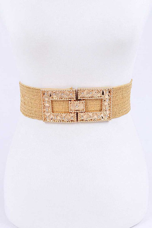 Plus Size Square Buckle Faux Straw Elastic Belt