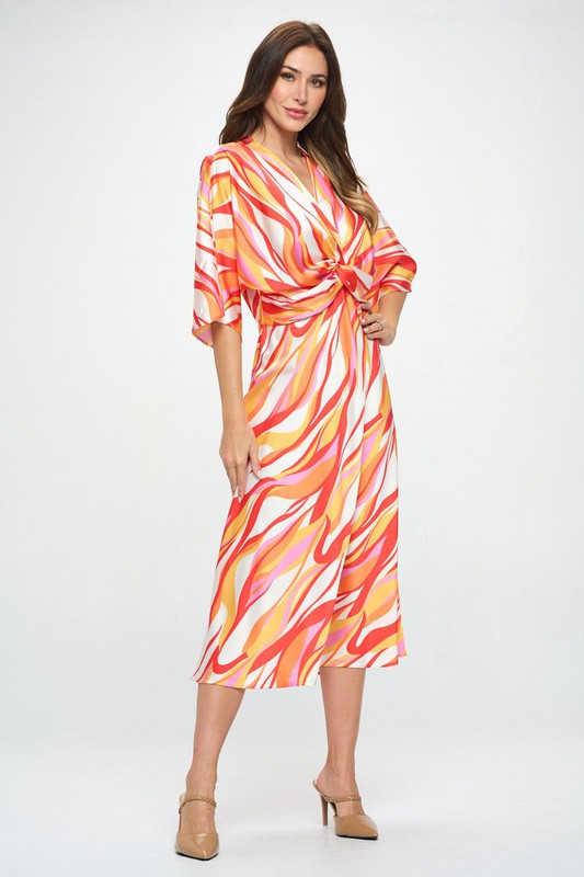 Renee C Front Twist Multi Color Print Satin Dress-Orange