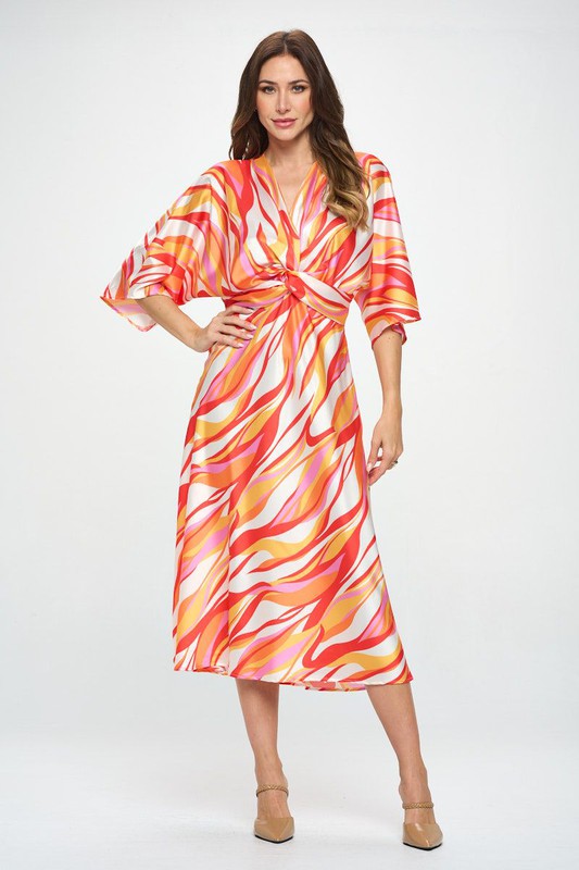 Renee C Front Twist Multi Color Print Satin Dress-Orange