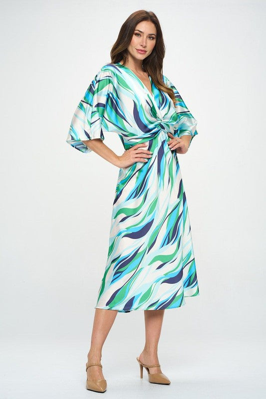 Renee C Front Twist Multi Color Print Satin Dress-Blue