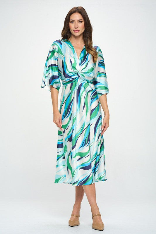 Renee C Front Twist Multi Color Print Satin Dress-Blue